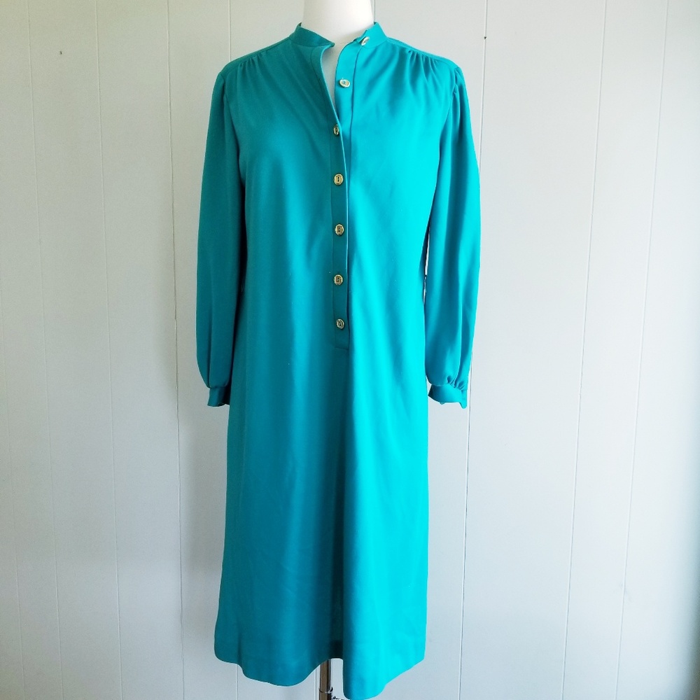 1970s Marty Gutmacher Turquoise Poly Dress